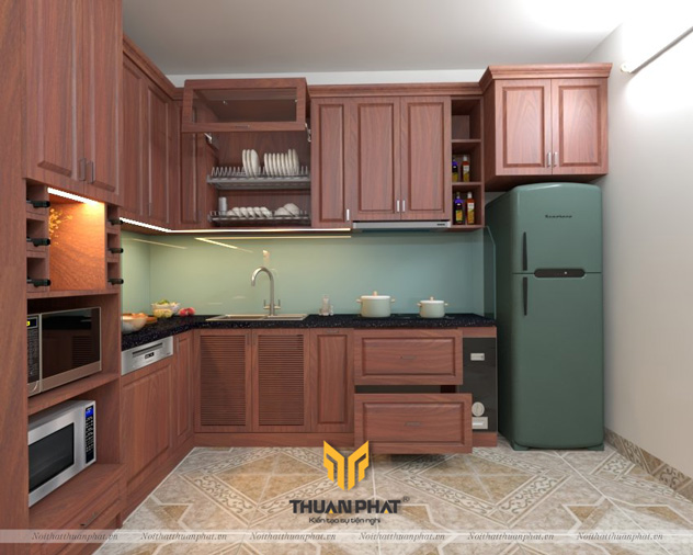 Tủ bếp gỗ Sồi Nga sơn PU màu cánh gián độc đáo