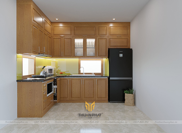 Tủ bếp gỗ Sồi Nga hình chữ L cao kịch trần