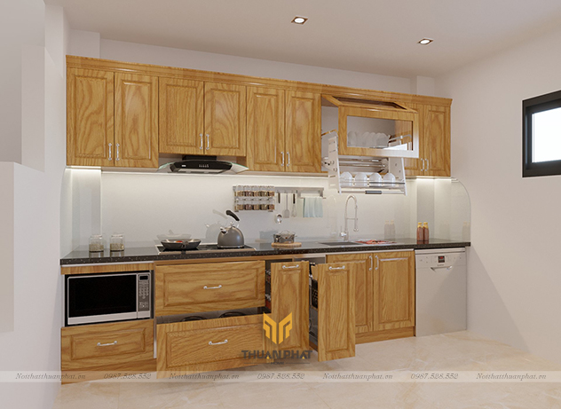 Tủ Bếp Inox Gỗ Sồi Nga chữ i đơn giản