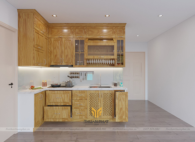 Tủ Bếp Gỗ Sồi Nga chữ L đơn giản