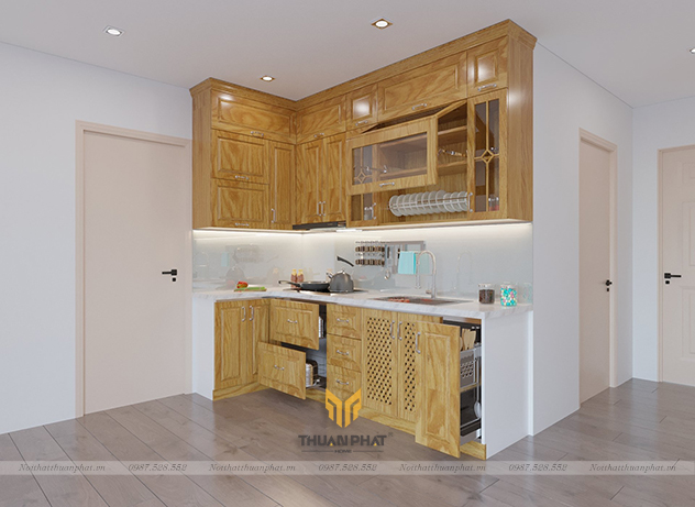 Tủ Bếp Inox cánh Gỗ Sồi Nga chữ L đơn giản