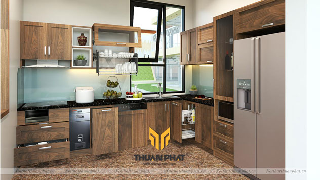 Tủ Bếp Gỗ Sồi Nga phun giả gỗ Óc Chó SN10