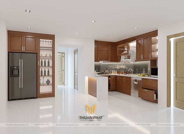 Tủ bếp inox cánh gỗ Xoan Đào đẹp hiện đại