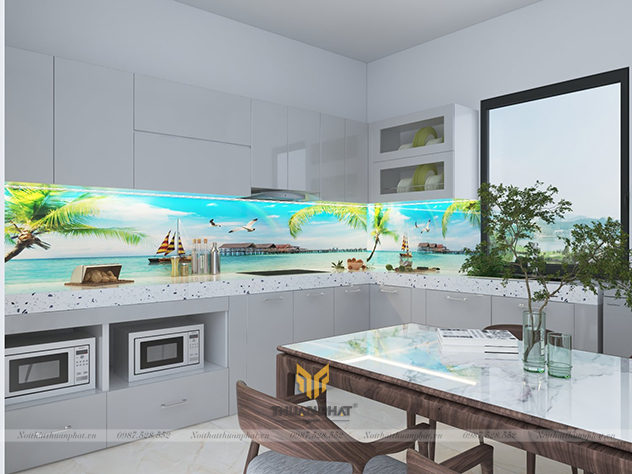 Tủ bếp Inox cánh Acrylic ghi trắng nhẹ nhàng