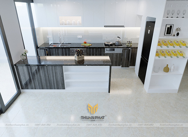 Tủ bếp Inox cánh Acrylic vân gỗ