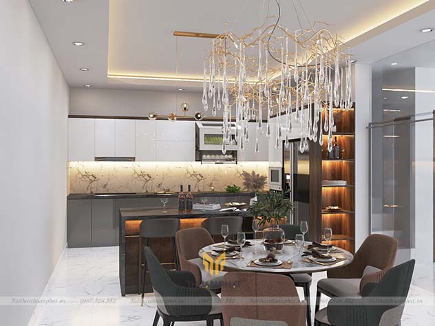 Tủ bếp Inox cánh Acrylic chữ L màu ghi trắng