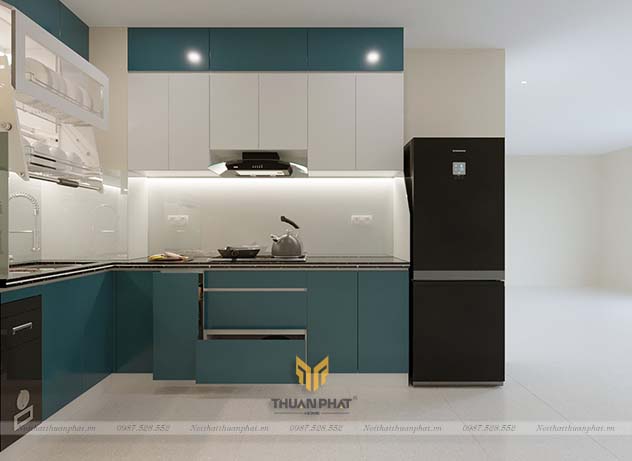 Tủ bếp Inox cánh Acrylic màu XANH CỔ VỊT độc lạ