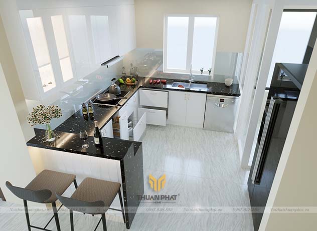 Tủ bếp Inox cánh Acrylic chữ U có quầy bar siêu chất