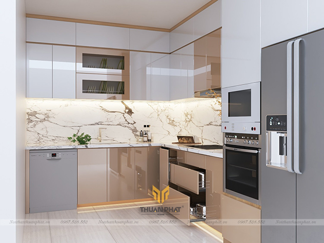 Tủ bếp Inox cánh Acrylic màu vàng cát siêu xinh