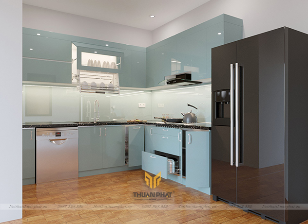 Tủ bếp Inox cánh Acrylic xanh siêu phẩm