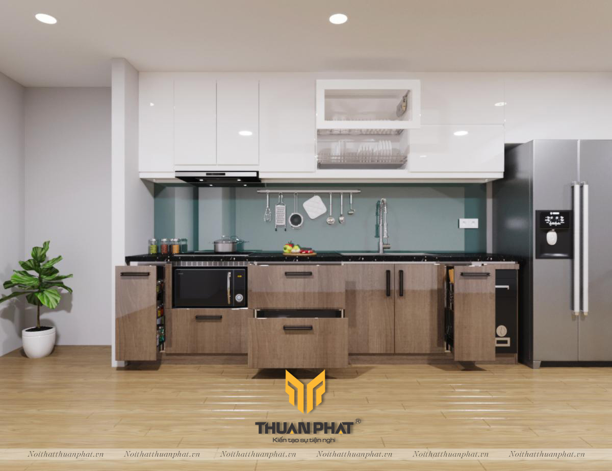 Tủ bếp inox cánh Acrylic vân gỗ
