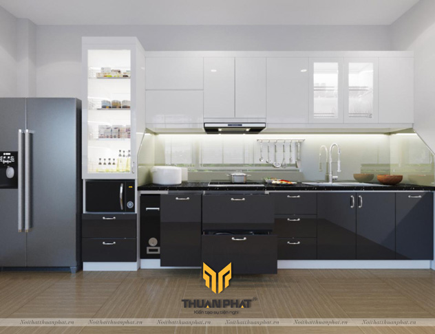 Tủ bếp inox cánh Acrylic Đen & Trắng