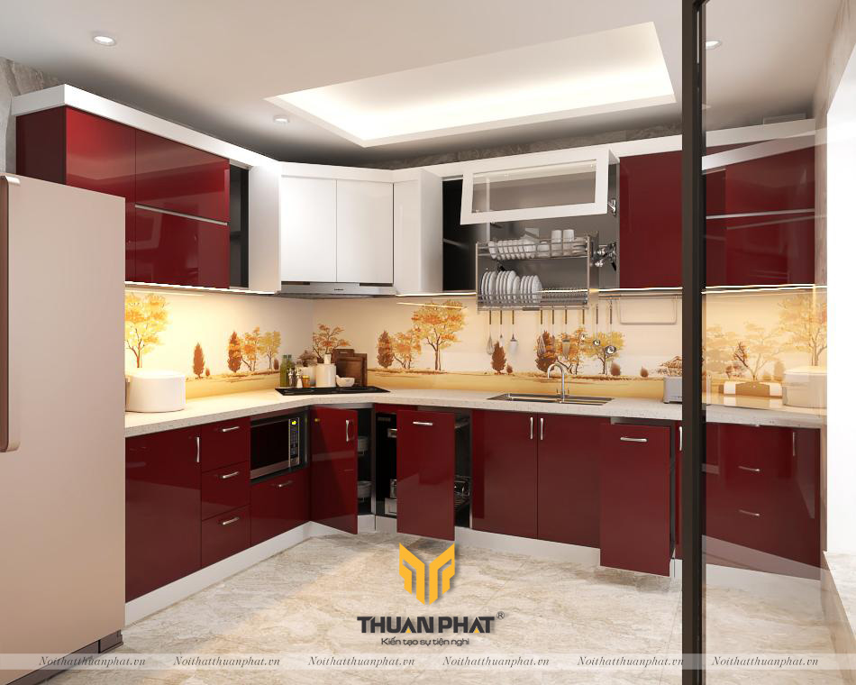Tủ bếp inox cánh Acrylic Đỏ Đun nổi bật