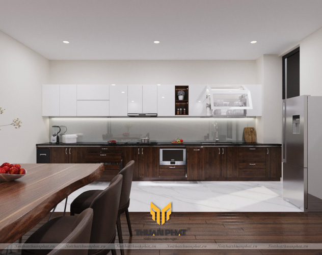 Tủ bếp Inox cánh Acrylic vân gỗ Óc Chó & Trắng sứ