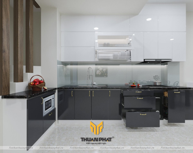 Tủ bếp Inox cánh Acrylic màu Trắng & Ghi xám