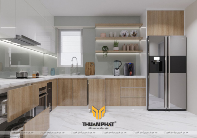 Tủ bếp Inox cánh Acrylic vân gỗ với kệ mở đẹp hiện đại