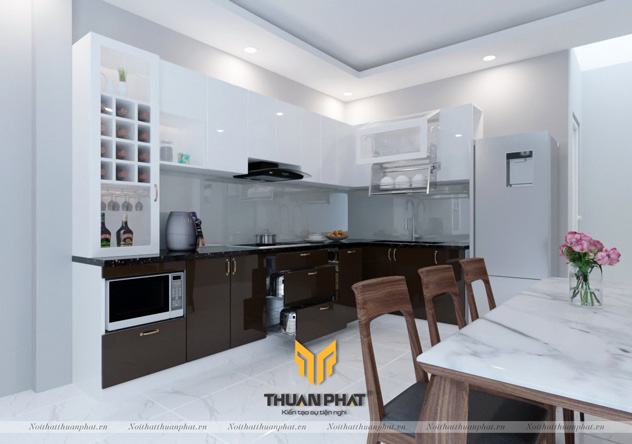 Tủ bếp inox cánh Acrylic màu Cafe và Trắng