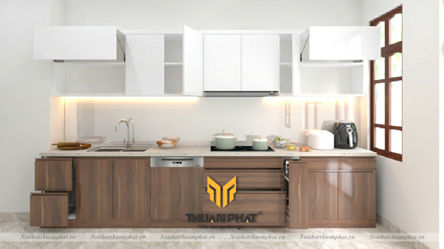 Tủ bếp inox cánh Acrylic với hệ tủ kho hiện đại