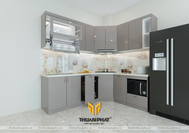 Tủ bếp inox cánh Acrylic màu ghi xám