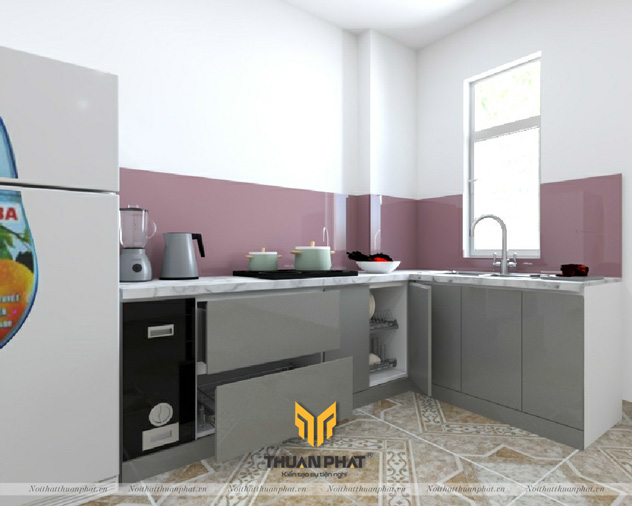 Tủ bếp inox cánh Acrylic với kính màu "Hồng" trẻ trung
