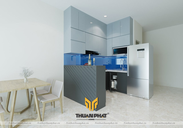 Tủ bếp inox cánh Acrylic có quầy bar nhỏ