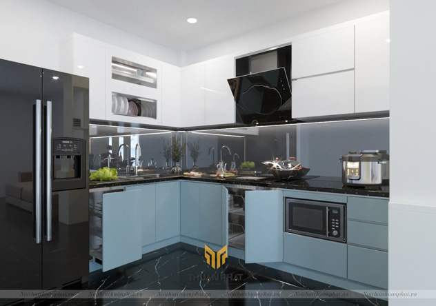 Tủ bếp inox cánh Acrylic màu xanh dương kết hợp trắng