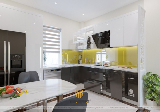 Tủ bếp Inox cánh Acrylic với kính vàng chanh đẹp mắt