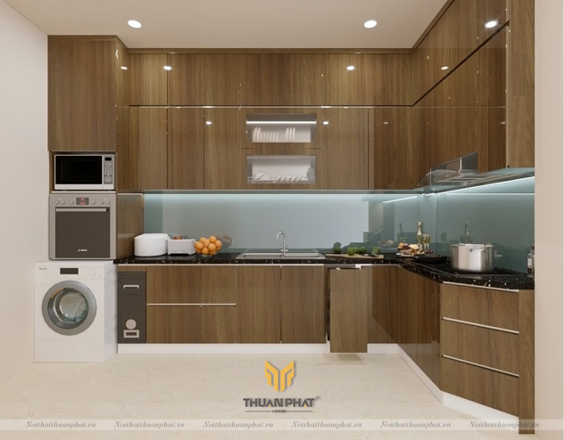 Tủ bếp inox cánh Acrylic vân gỗ