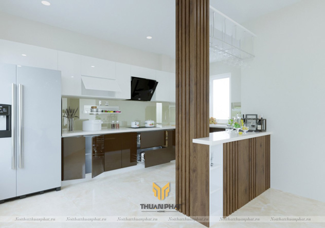 Tủ bếp inox cánh Acrylic màu Cafe và Trắng