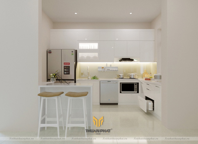 Tủ bếp Inox cánh Acrylic trắng với bán đảo đẹp tinh tế