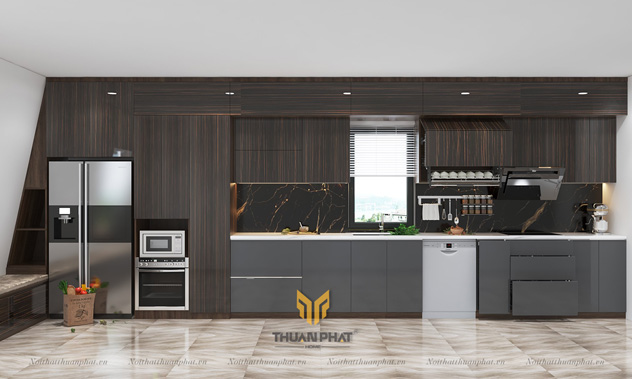 Tủ bếp inox cánh Acrylic vân gỗ đen lôi cuốn