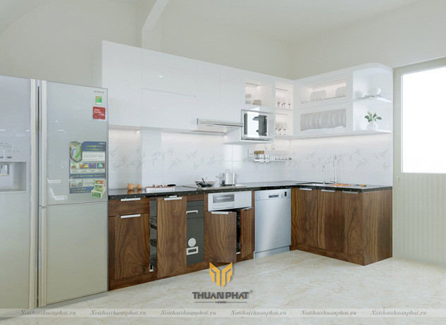 Tủ bếp inox cánh gỗ Óc Chó kết hợp cánh Acrylic