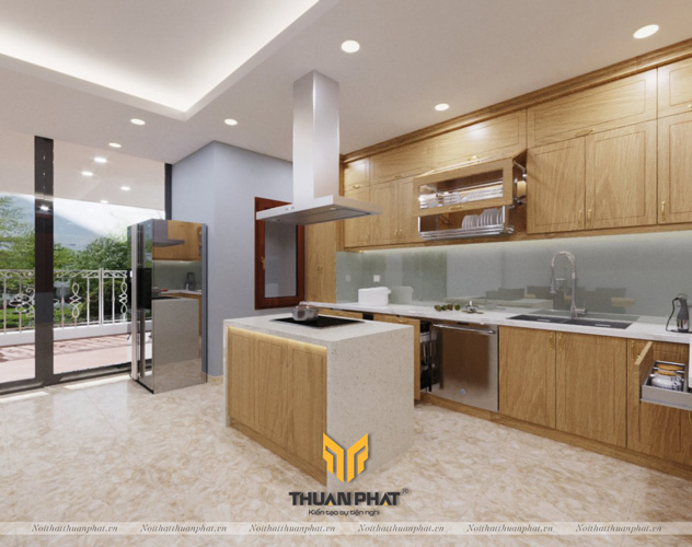 Tủ bếp inox cánh gỗ  Sồi Mỹ với bàn đảo bếp hiện đại