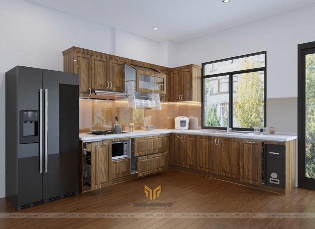 Tủ bếp inox cánh gỗ Sồi Mỹ màu vân gỗ óc chó