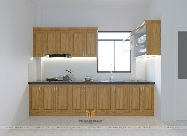 Tủ bếp inox cánh gỗ Sồi Mỹ kiểu dáng chữ L