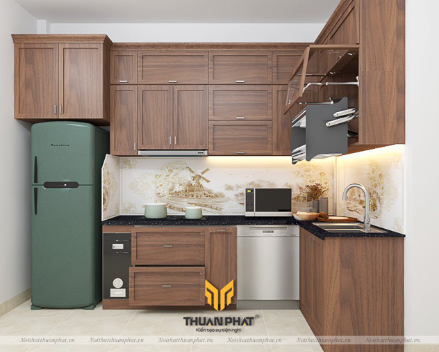 Tủ bếp Inox cánh gỗ Sồi Nga sơn màu gỗ Óc Chó