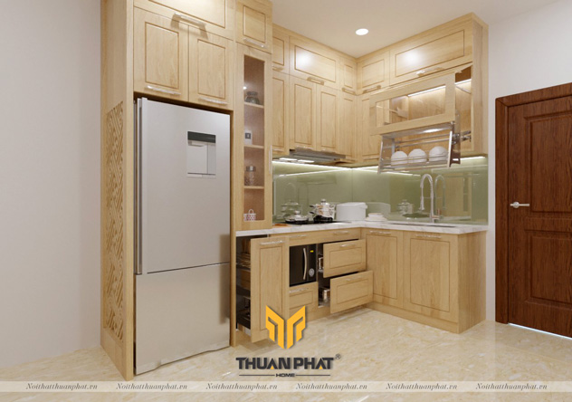 Tủ bếp Inox cánh gỗ Sồi Nga đẹp giản dị