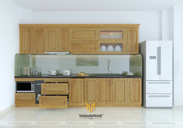 Tủ bếp Inox cánh gỗ Sồi Nga chữ i đơn giản mà đẹp