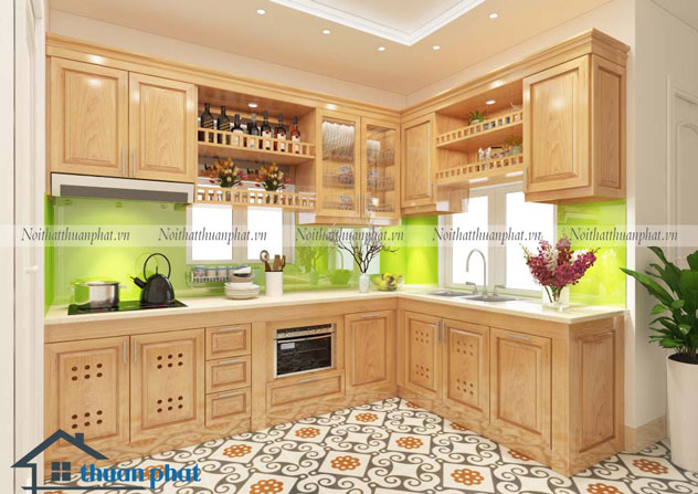 Tủ bếp inox cánh gỗ Sồi Nga SN08