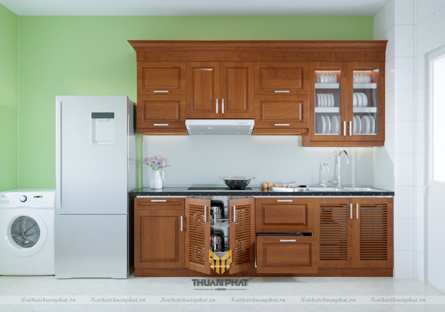 Tủ Bếp Inox cánh Gỗ Xoan Đào hình chữ I