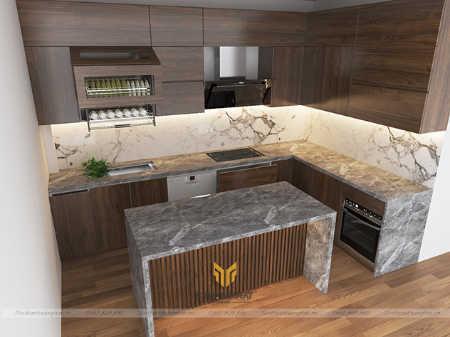 Tủ bếp Laminate đẹp hoàn hảo với bàn đảo ốp đá