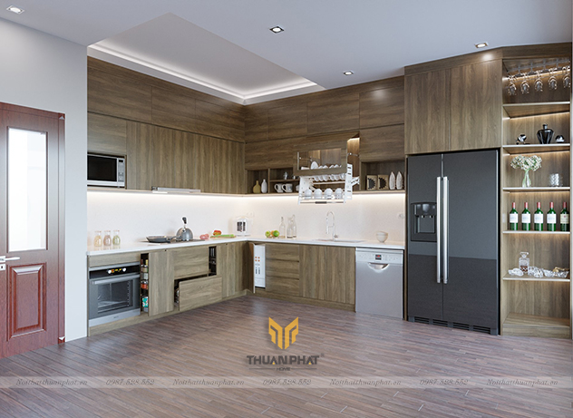 Tủ bếp Inox cánh Laminate vân gỗ độc đáo