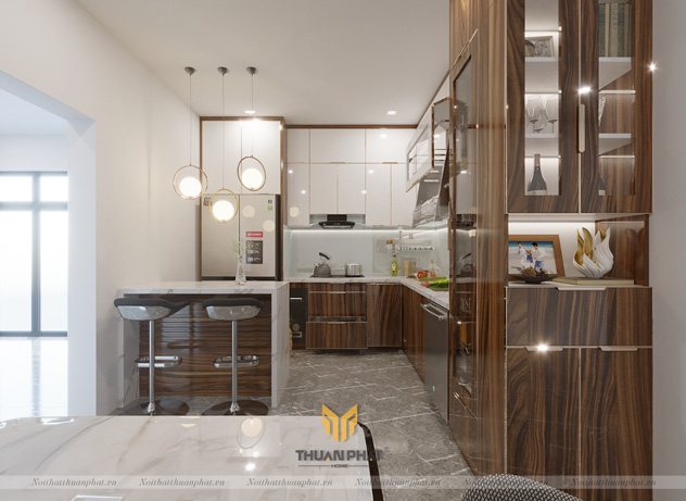 Tủ bếp inox cánh kính Vân Gỗ độc đáo