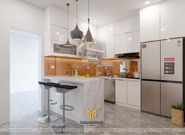 Tủ bếp inox cánh kính màu Trắng tinh tế