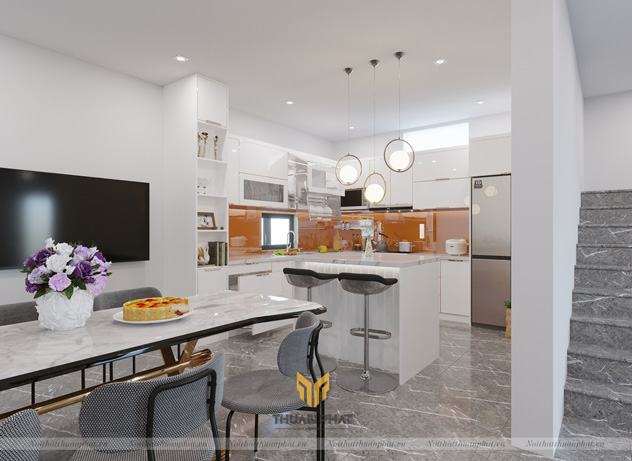 Tủ bếp inox cánh kính cường lực với bàn đảo đẹp