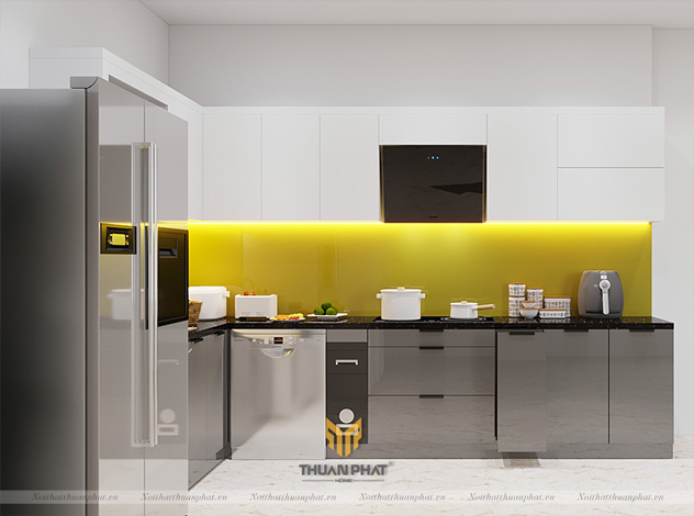 Tủ bếp inox cánh kính cường lực kết hợp cánh Acrylic