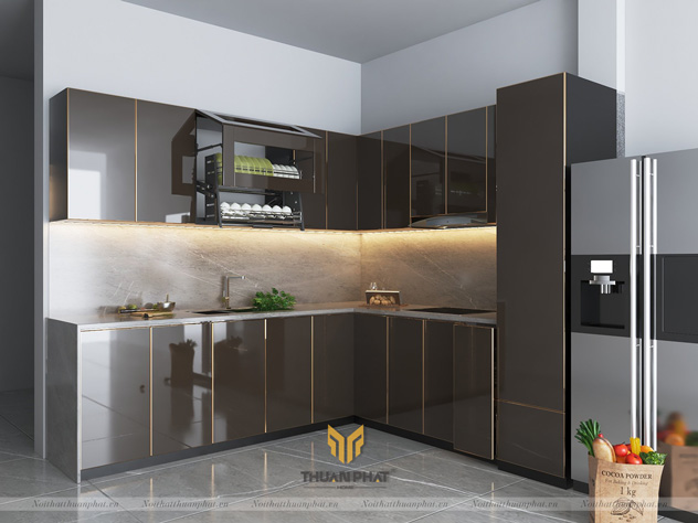 Tủ bếp inox cánh kính cường lực màu Nâu Cafe