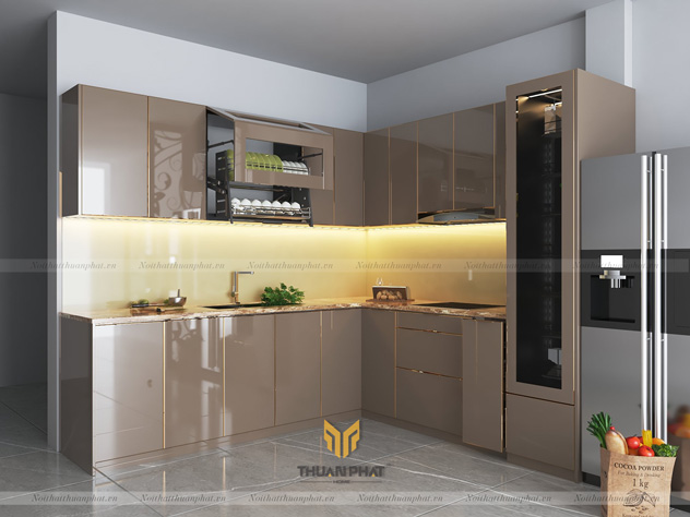 Tủ bếp inox cánh kính cường lực đẹp hiện đại