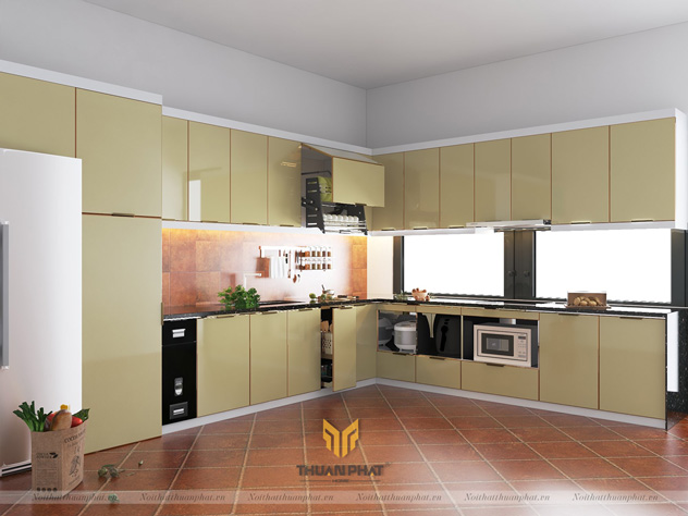 Tủ bếp inox cánh kính cường lực màu Vàng cát