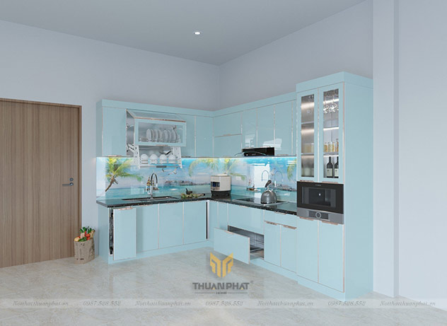 Tủ bếp inox cánh kính cường lực xanh IK102